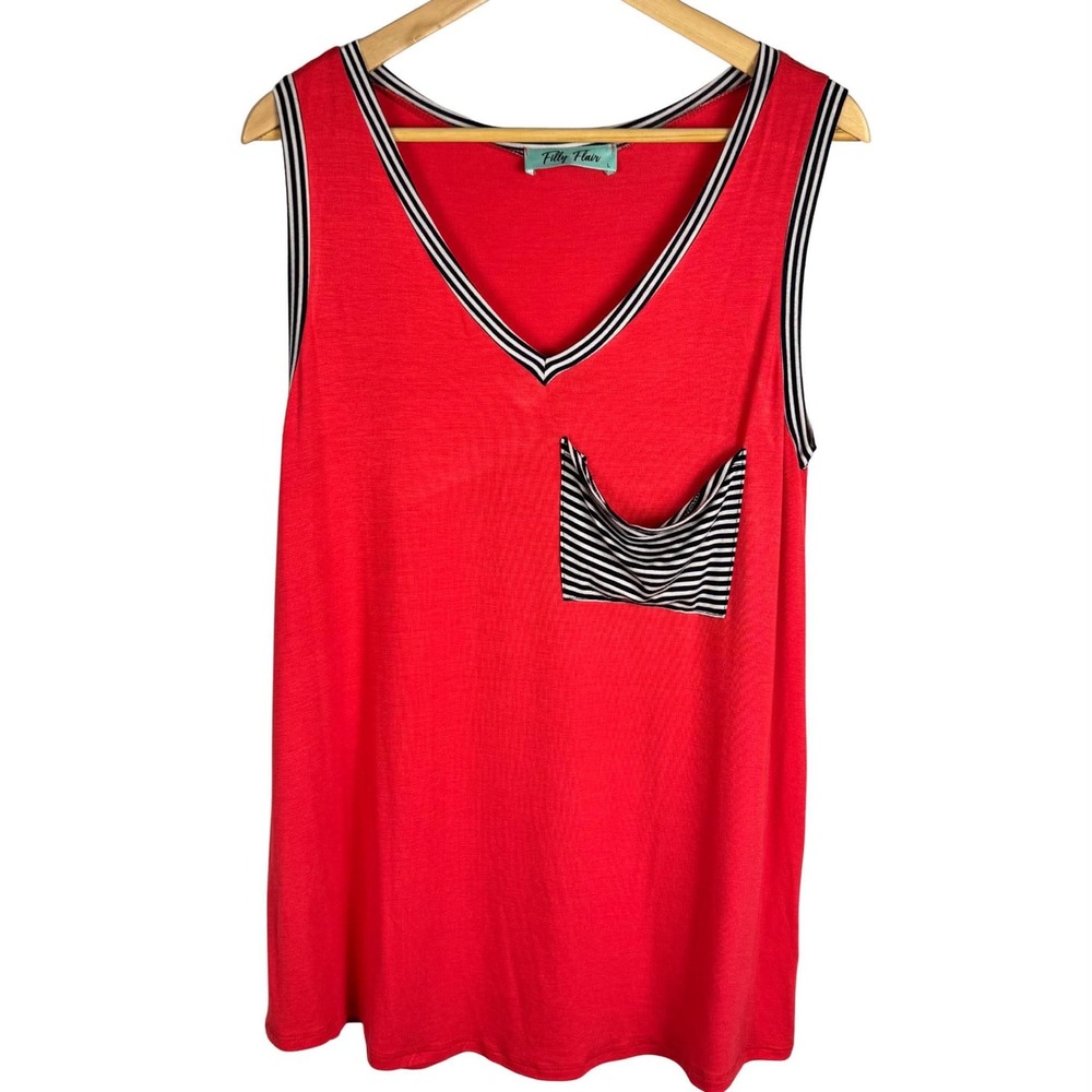 Filly Flair Red V-Neck Tank Top Striped Trim Pocket Large LMT2431 USA Made